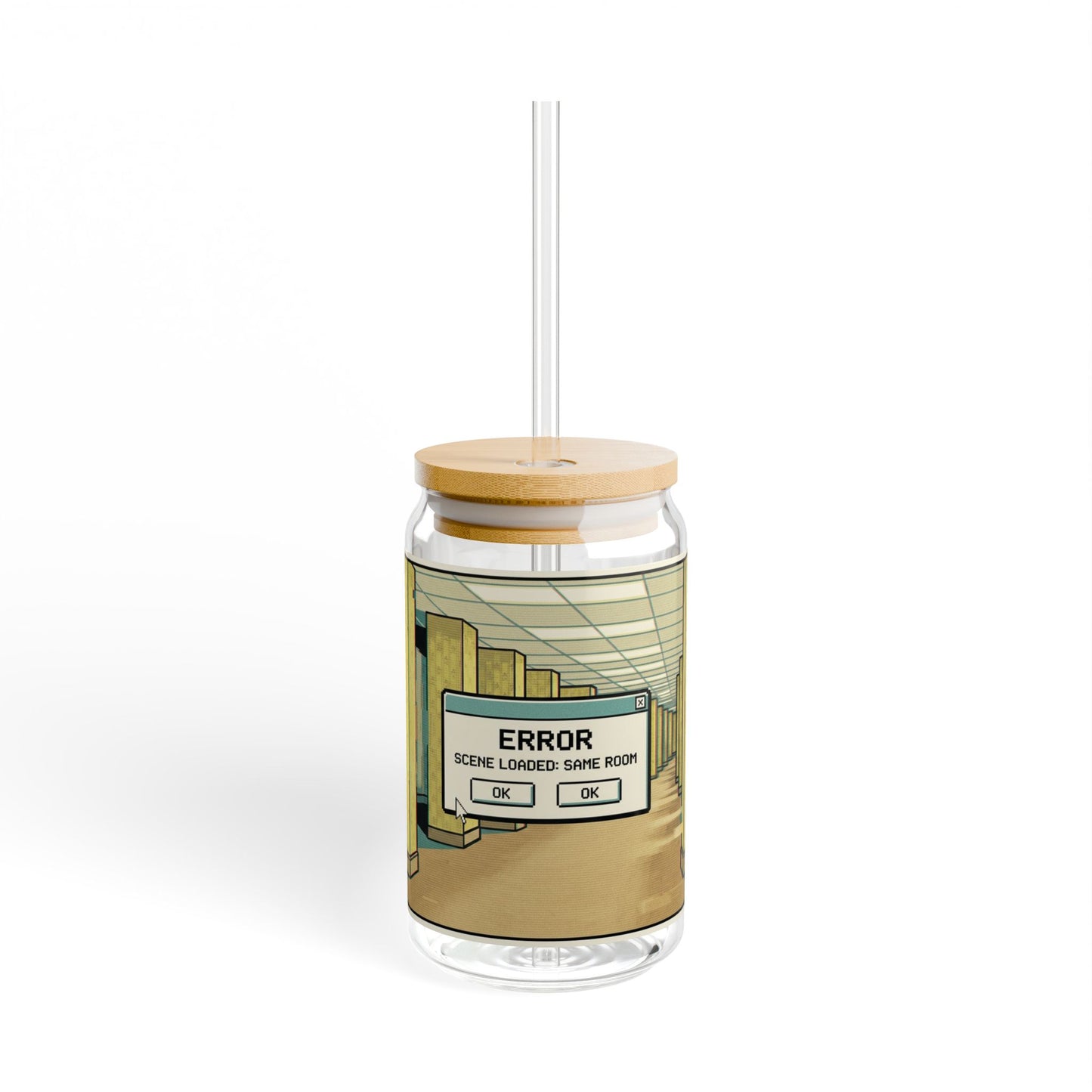 Liminal Space Sipper Glass with Bamboo Lid and  Straw |  Same Room Glass Can | Horror Cup | Weirdcore Iced Coffee Glass