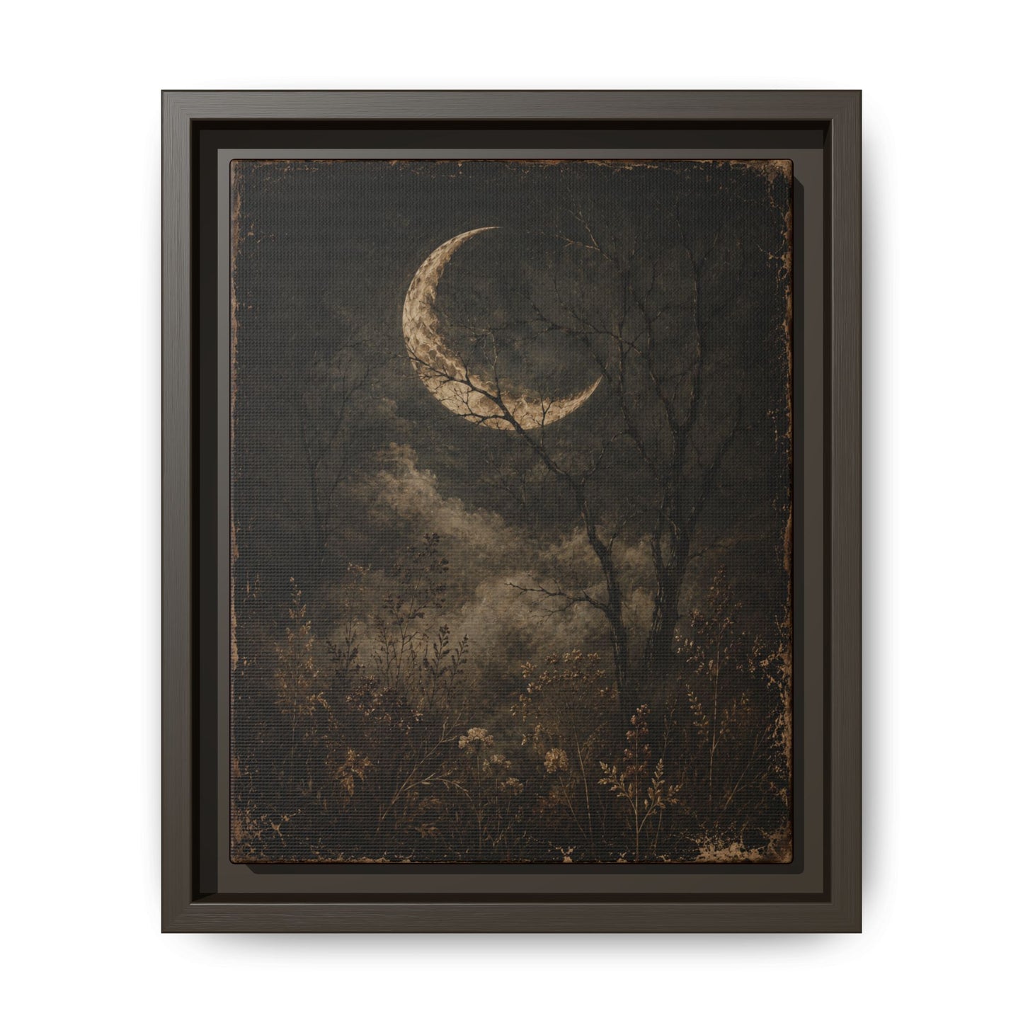Framed Crescent Moon Canvas Print — Moody Night Landscape Wall Art
