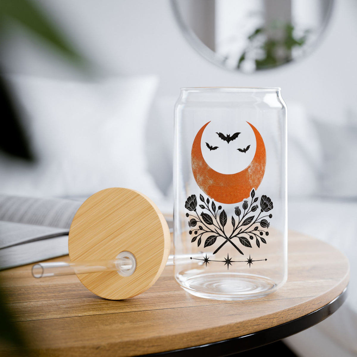 Sipper Glass - Crescent Moon & Botanicals 16oz Tumbler with Straw
