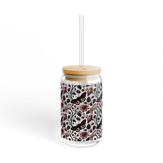 Gothic Floral Glass Can with Bamboo Lid and Straw | Dark Botanical Iced Coffee Cup | Moth Cottagecore Drinkware | Witchy Glass Tumbler