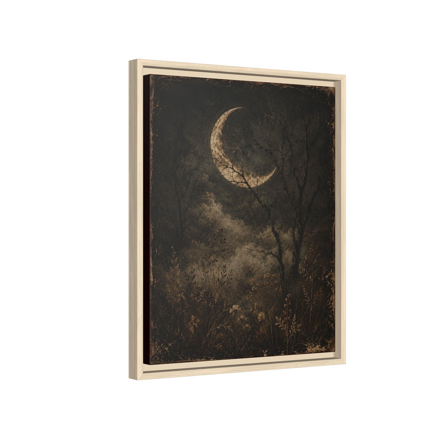 Framed Crescent Moon Canvas Print — Moody Night Landscape Wall Art