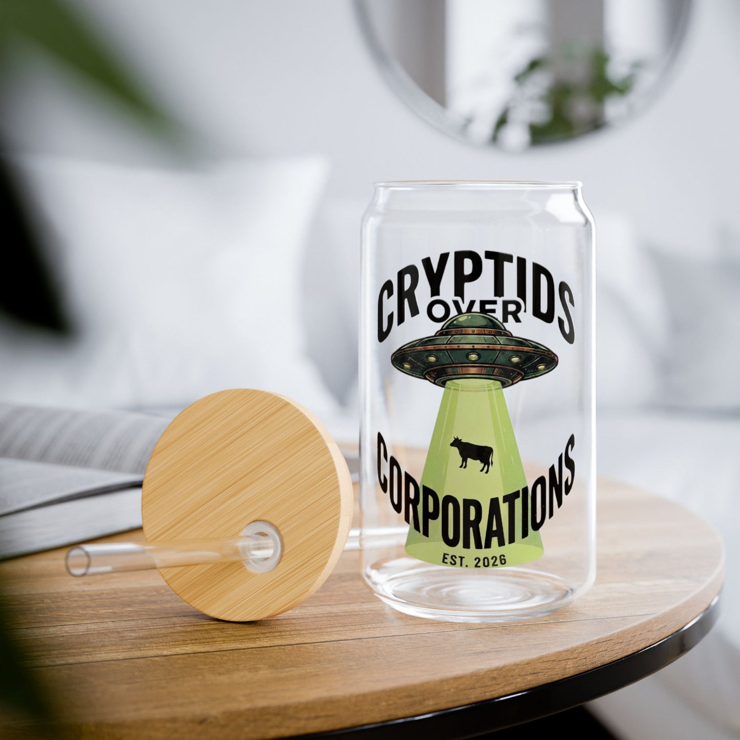 Cryptids Over Corporations Alien Glass Can | UFO Iced Coffee Cup with Bamboo Lid and Straw | Funny Alien Gift | Sci-Fi Drinkware