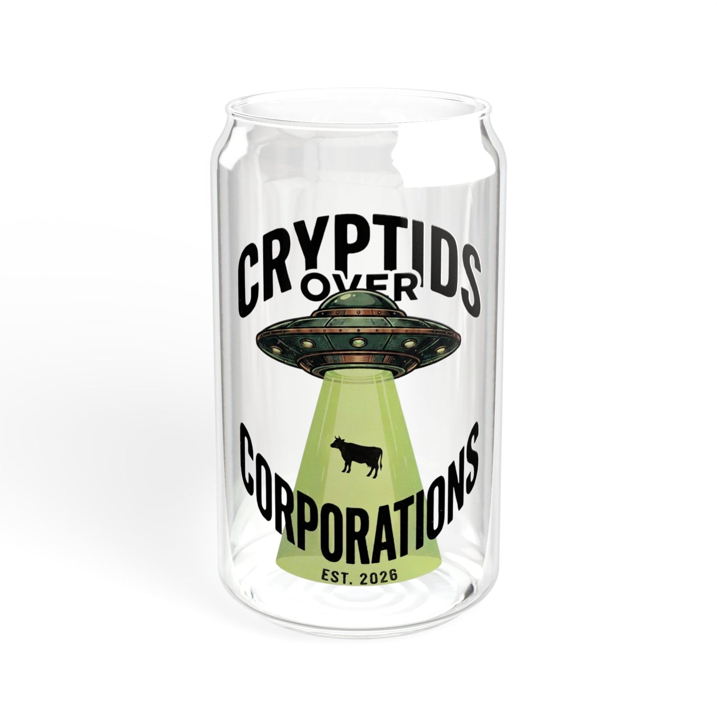 Cryptids Over Corporations Alien Glass Can | UFO Iced Coffee Cup with Bamboo Lid and Straw | Funny Alien Gift | Sci-Fi Drinkware