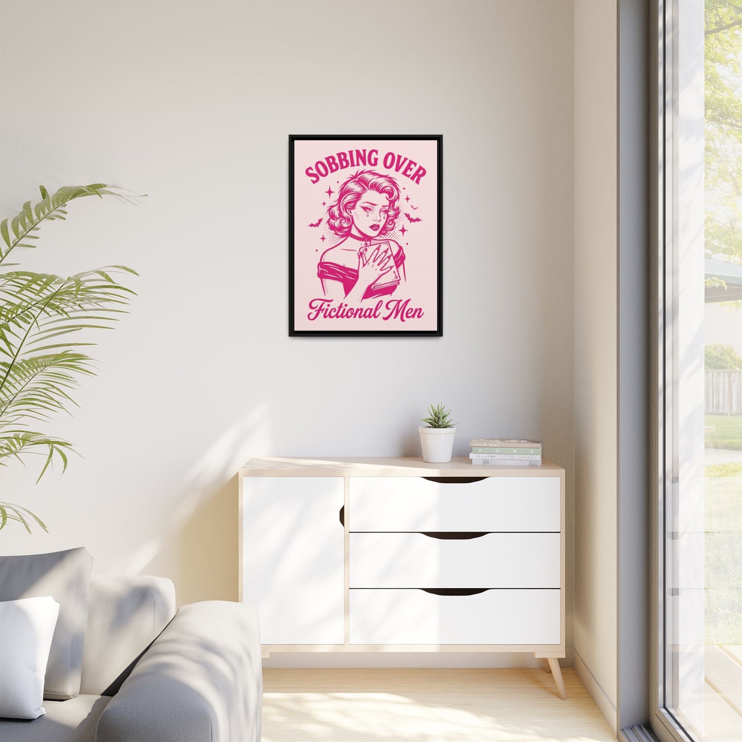 Framed Canvas Print — “Sobbing Over Fictional Men” Retro Pop Art