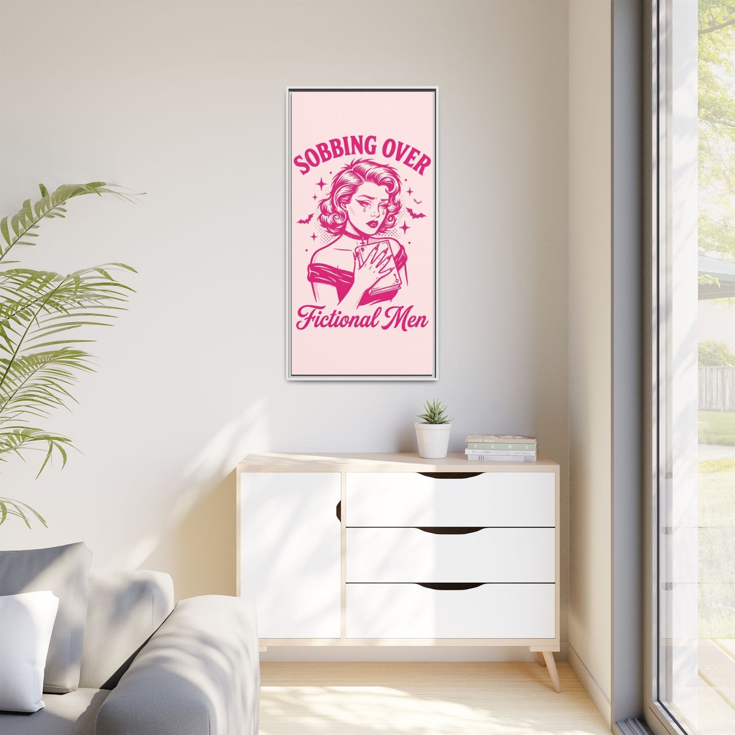 Framed Canvas Print — “Sobbing Over Fictional Men” Retro Pop Art