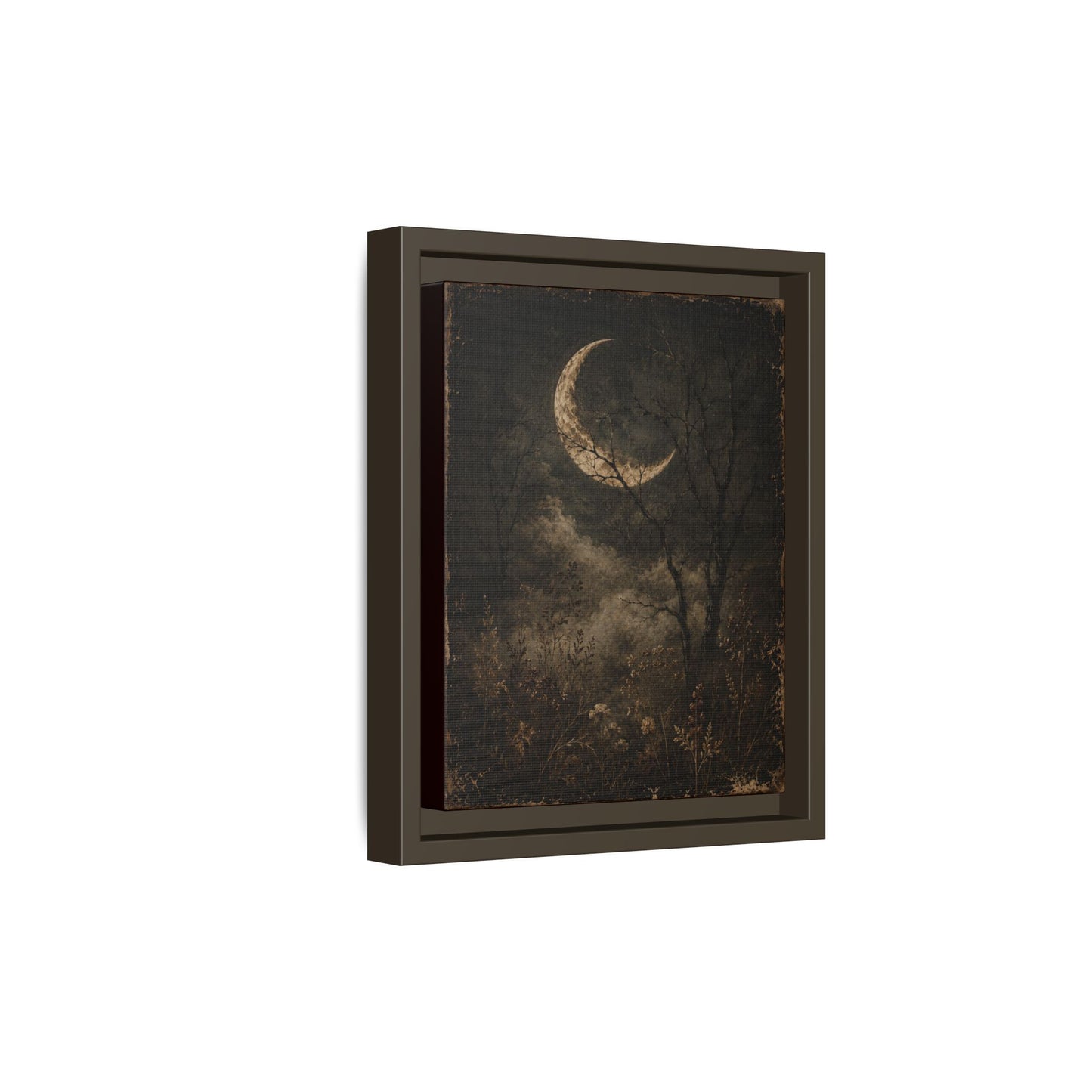 Framed Crescent Moon Canvas Print — Moody Night Landscape Wall Art
