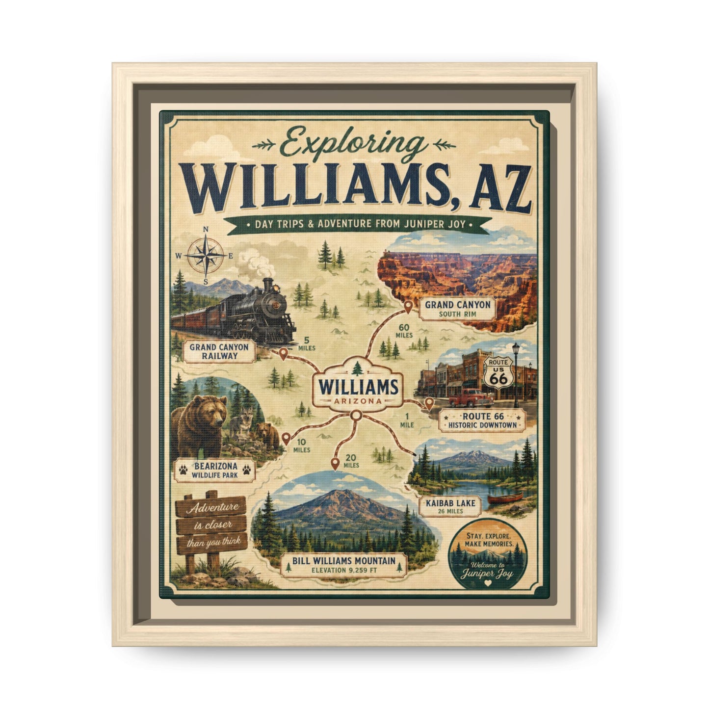 Williams, AZ Travel Map Framed Canvas — Vintage Exploring Poster