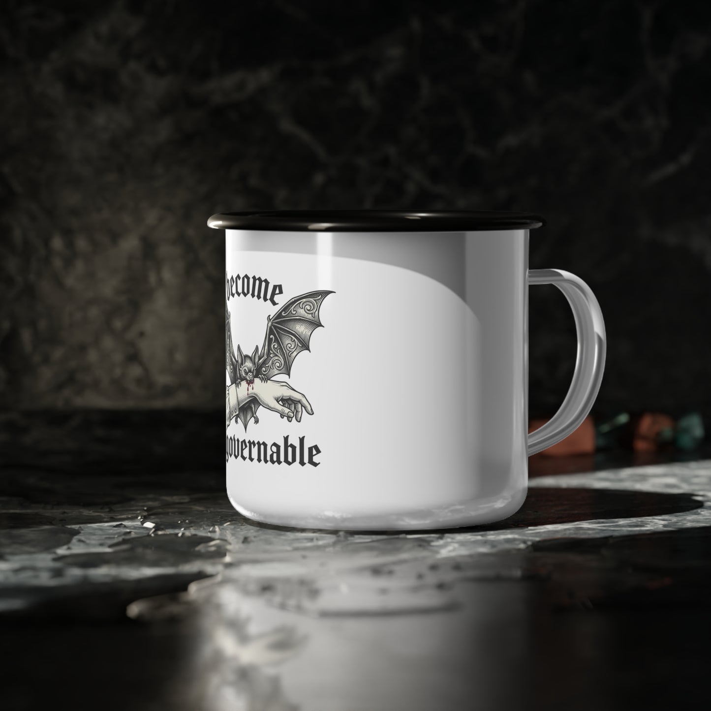 Enamel Camp Cup — Gothic Bat “become ungovernable” Camping Mug