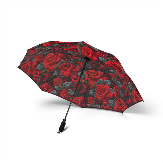 Red Rose Pattern Foldable Umbrella — Compact Semi-Automatic Rain Travel Umbrella