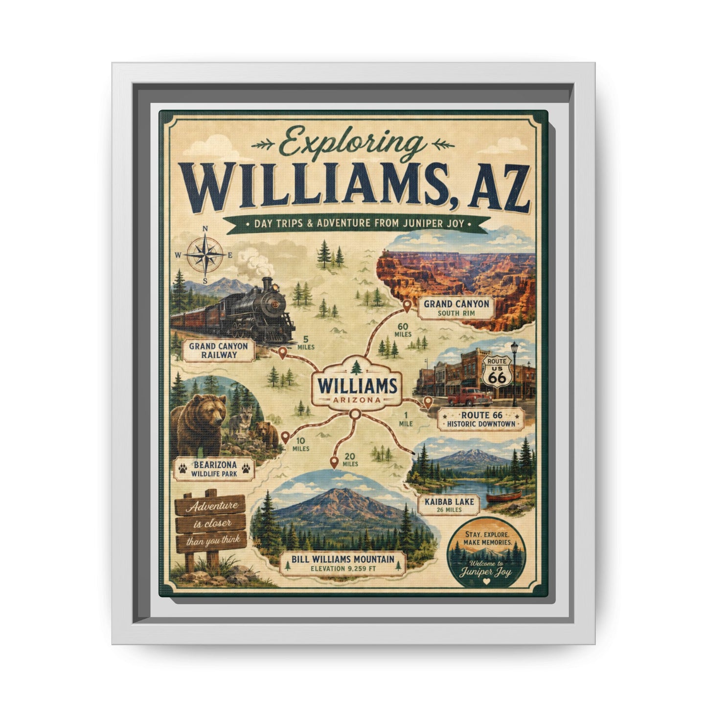 Williams, AZ Travel Map Framed Canvas — Vintage Exploring Poster