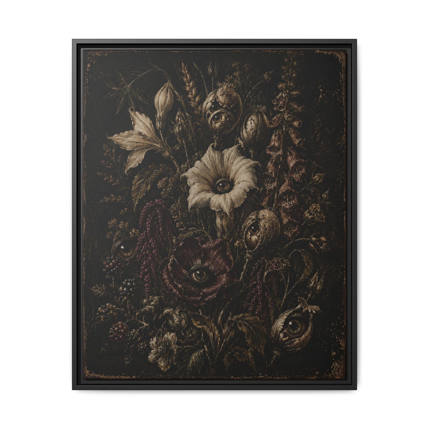 Framed Matte Canvas Print — Vintage Dark Floral Art