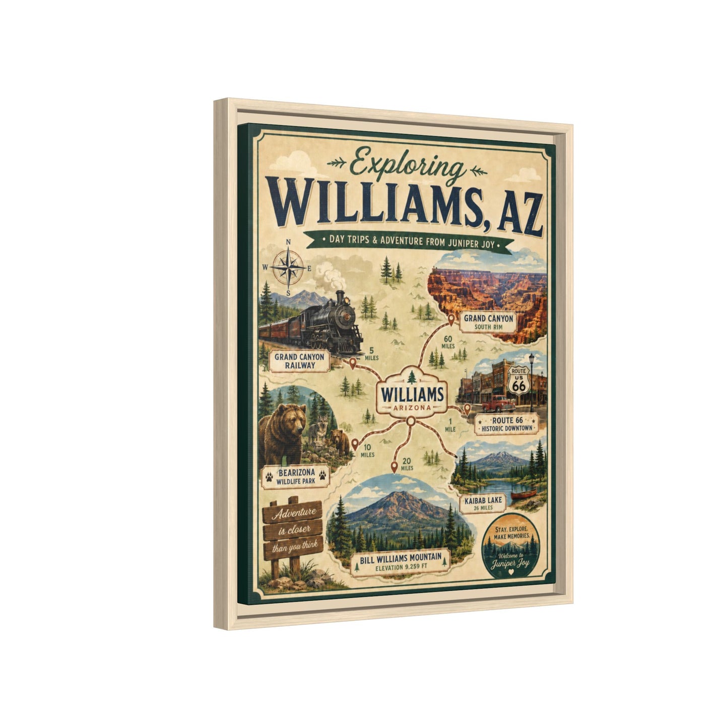 Williams, AZ Travel Map Framed Canvas — Vintage Exploring Poster