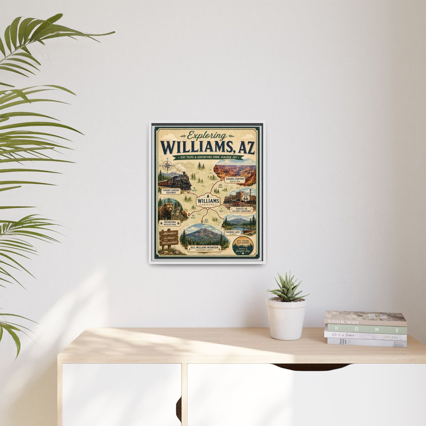 Williams, AZ Travel Map Framed Canvas — Vintage Exploring Poster