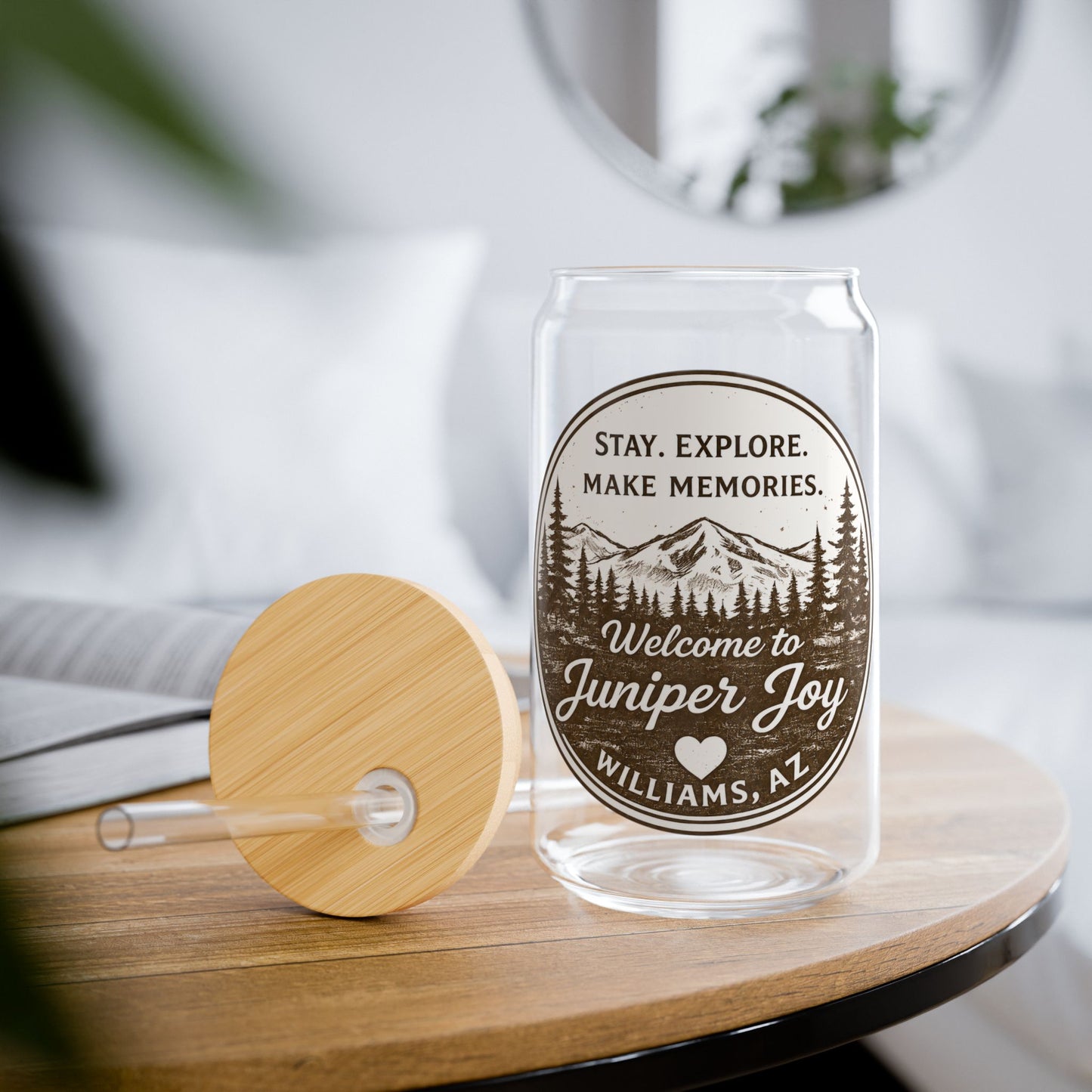 Adventure Mountain Sipper Glass — Personalized 16oz Travel Tumbler (Stay. Explore. Make Memories.)