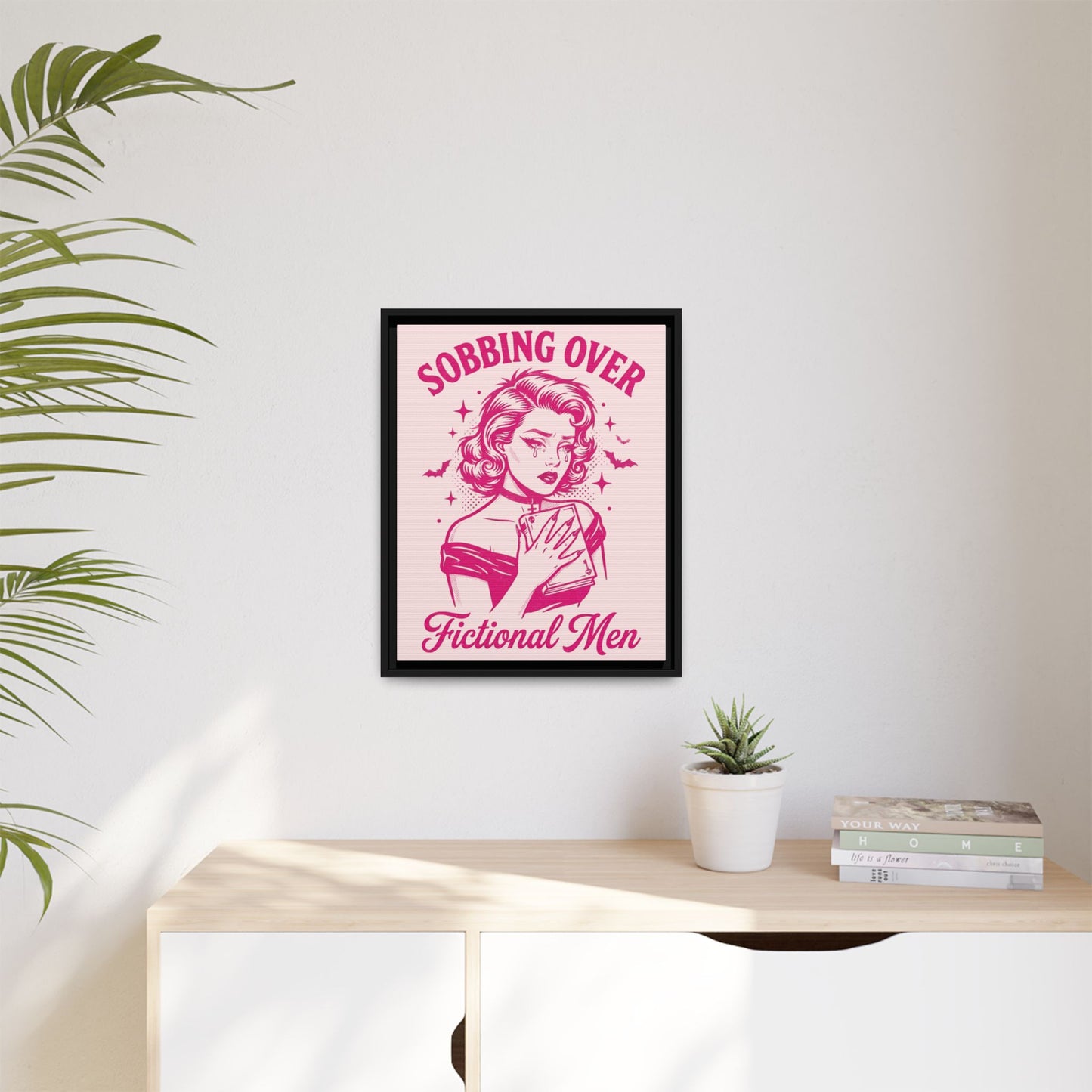 Framed Canvas Print — “Sobbing Over Fictional Men” Retro Pop Art