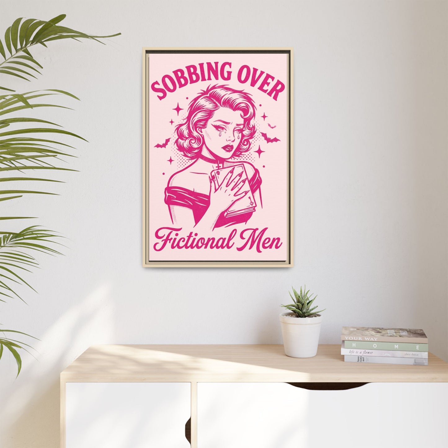 Framed Canvas Print — “Sobbing Over Fictional Men” Retro Pop Art