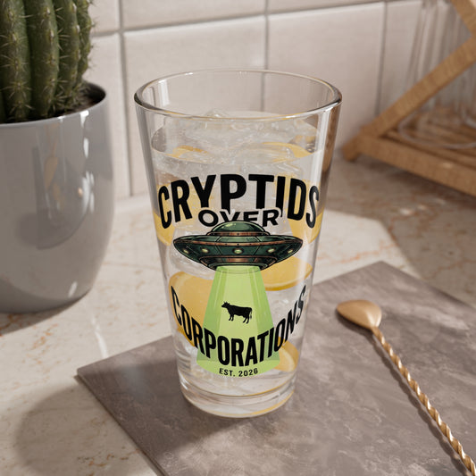 Cryptids Over Corporations Alien Pint Glass | UFO Beer Glass | Funny Alien Gift | Sci-Fi Bar Glass | Cow Abduction Glass | 16oz Beer Pint