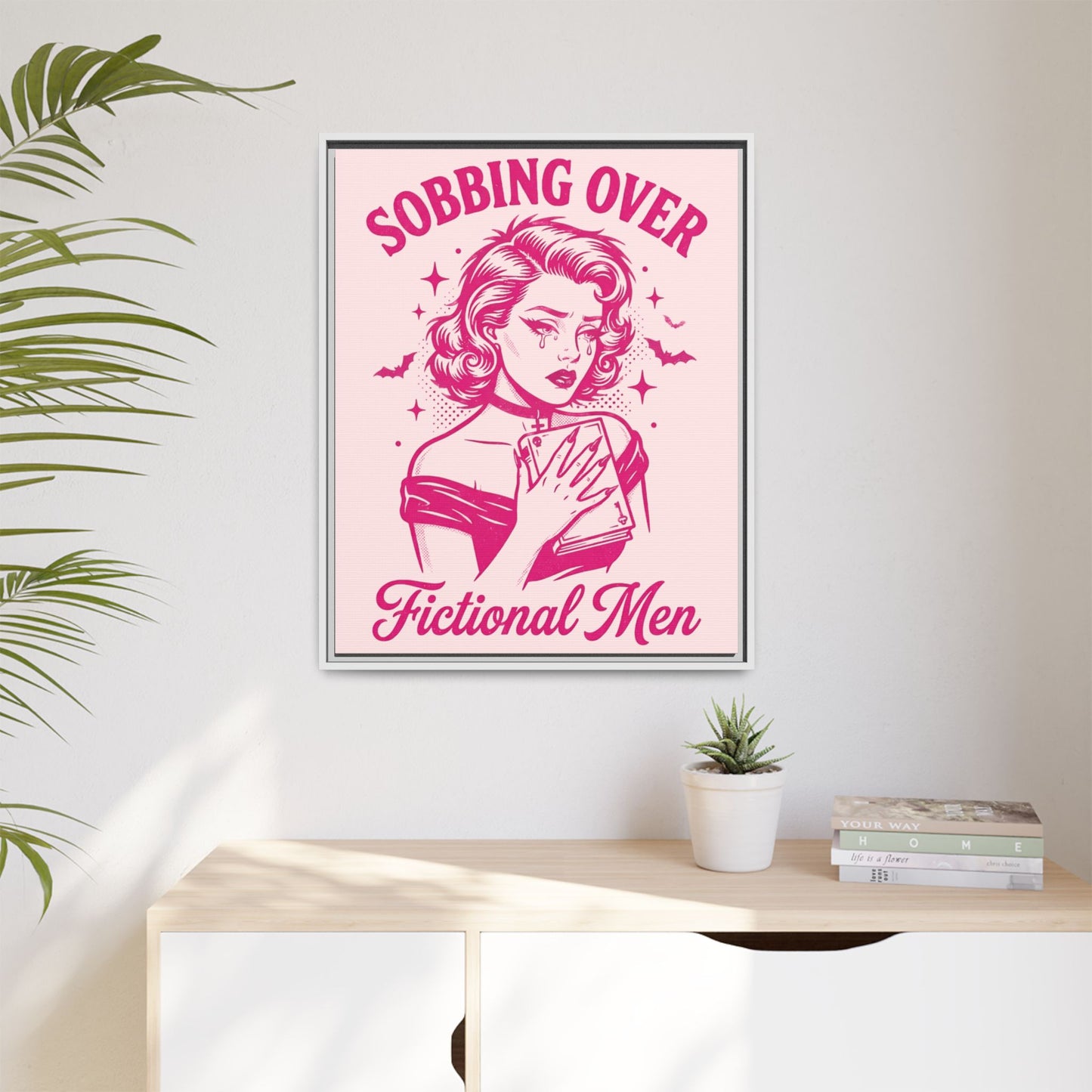 Framed Canvas Print — “Sobbing Over Fictional Men” Retro Pop Art