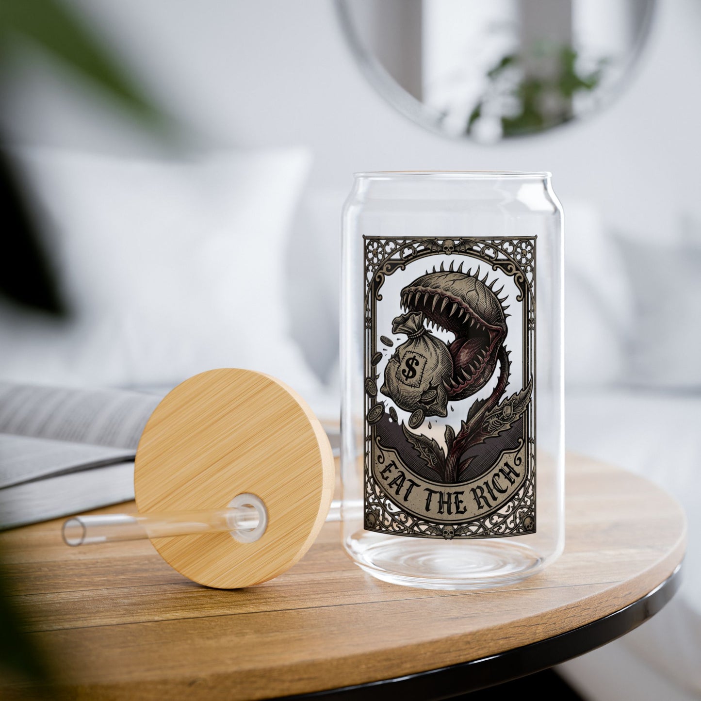 Eat the Rich Glass Can | Gothic Venus Flytrap Iced Coffee Cup with Bamboo Lid and Straw | Carnivorous Plant Glass