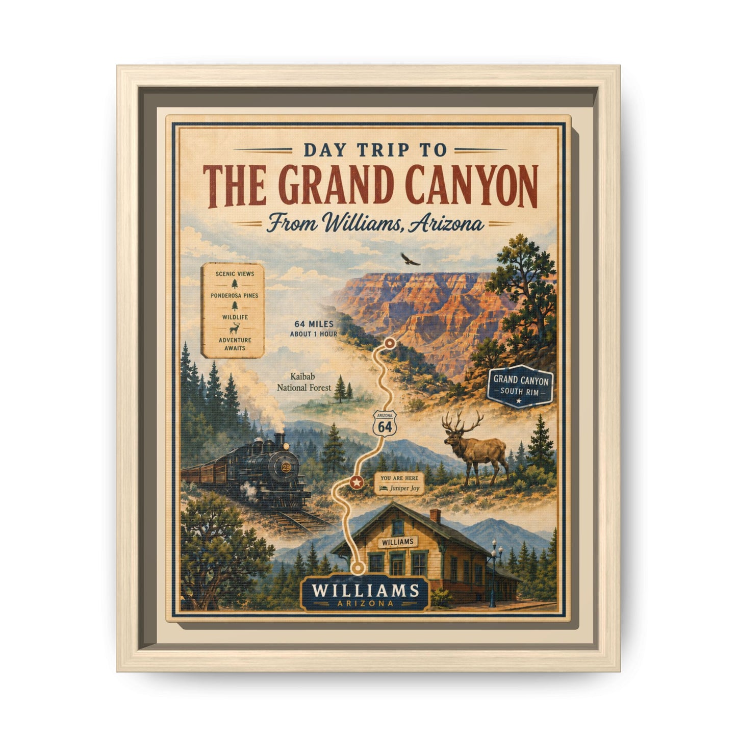 Grand Canyon Travel Poster Matte Canvas Framed Print — "Day Trip to The Grand Canyon"