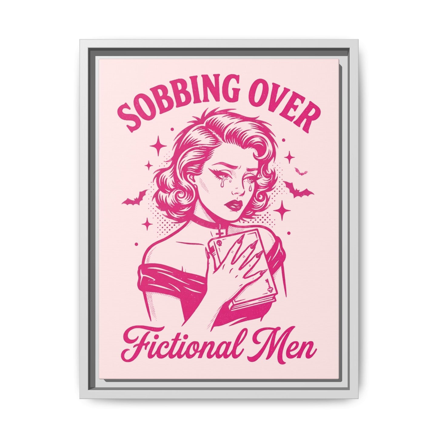 Framed Canvas Print — “Sobbing Over Fictional Men” Retro Pop Art