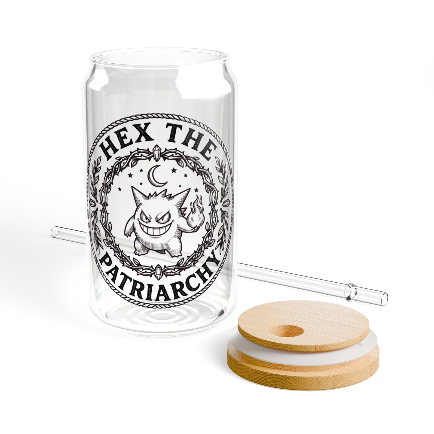 Ghost Halloween Hex the Patriarchy 16oz Glass Sipper Witch Vibe Drinkware with and without lid