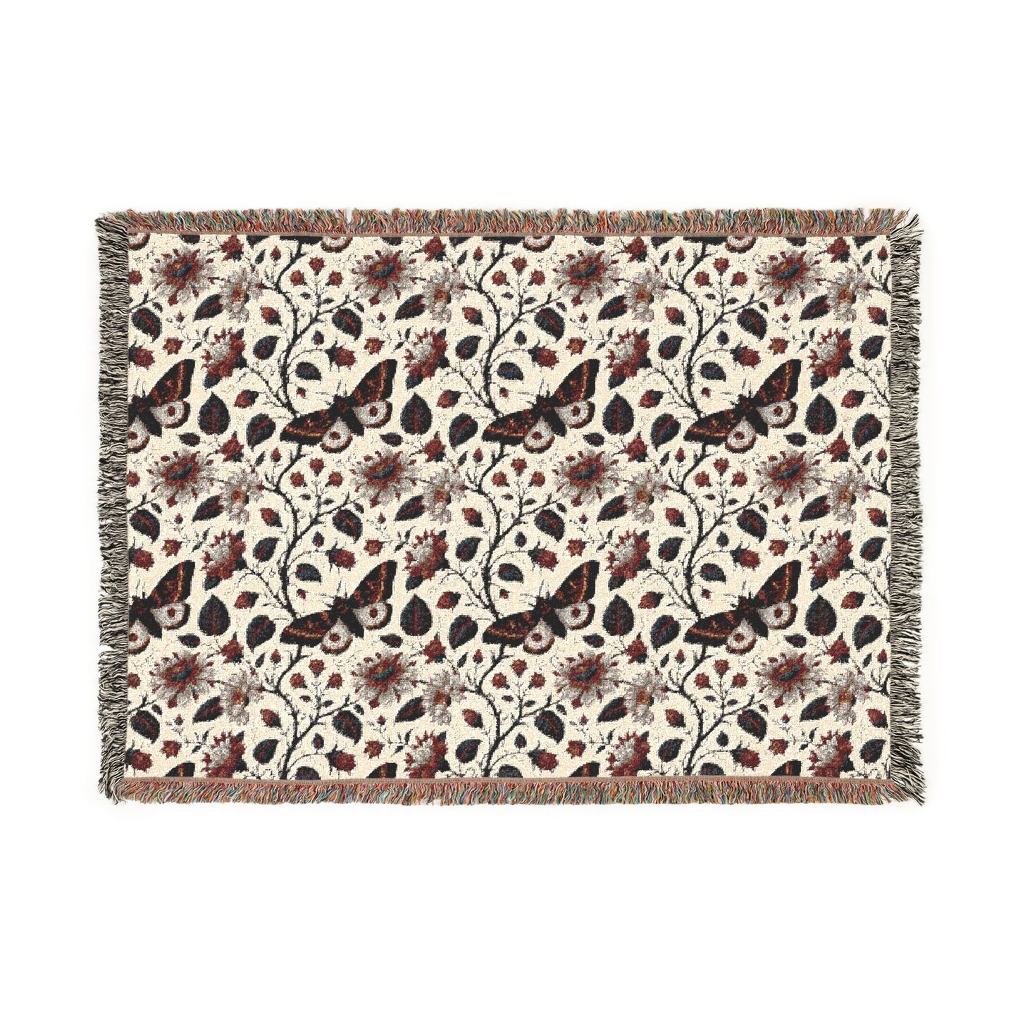 Gothic Floral Woven Blanket | Dark Botanical Moth Throw | Victorian Cottagecore Home Decor