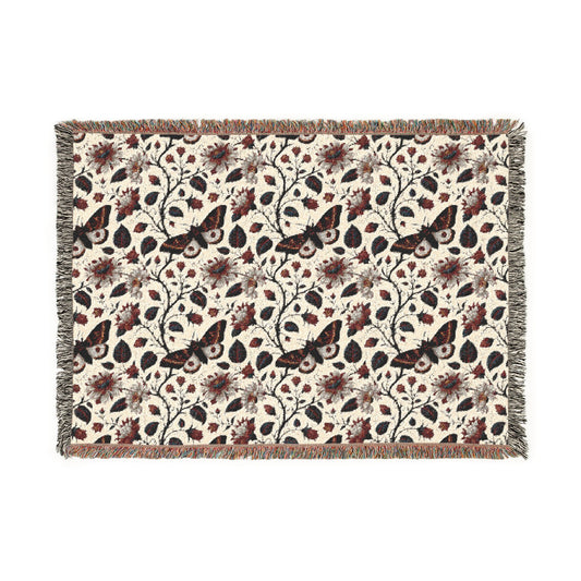 Gothic Floral Woven Blanket | Dark Botanical Moth Throw | Victorian Cottagecore Home Decor