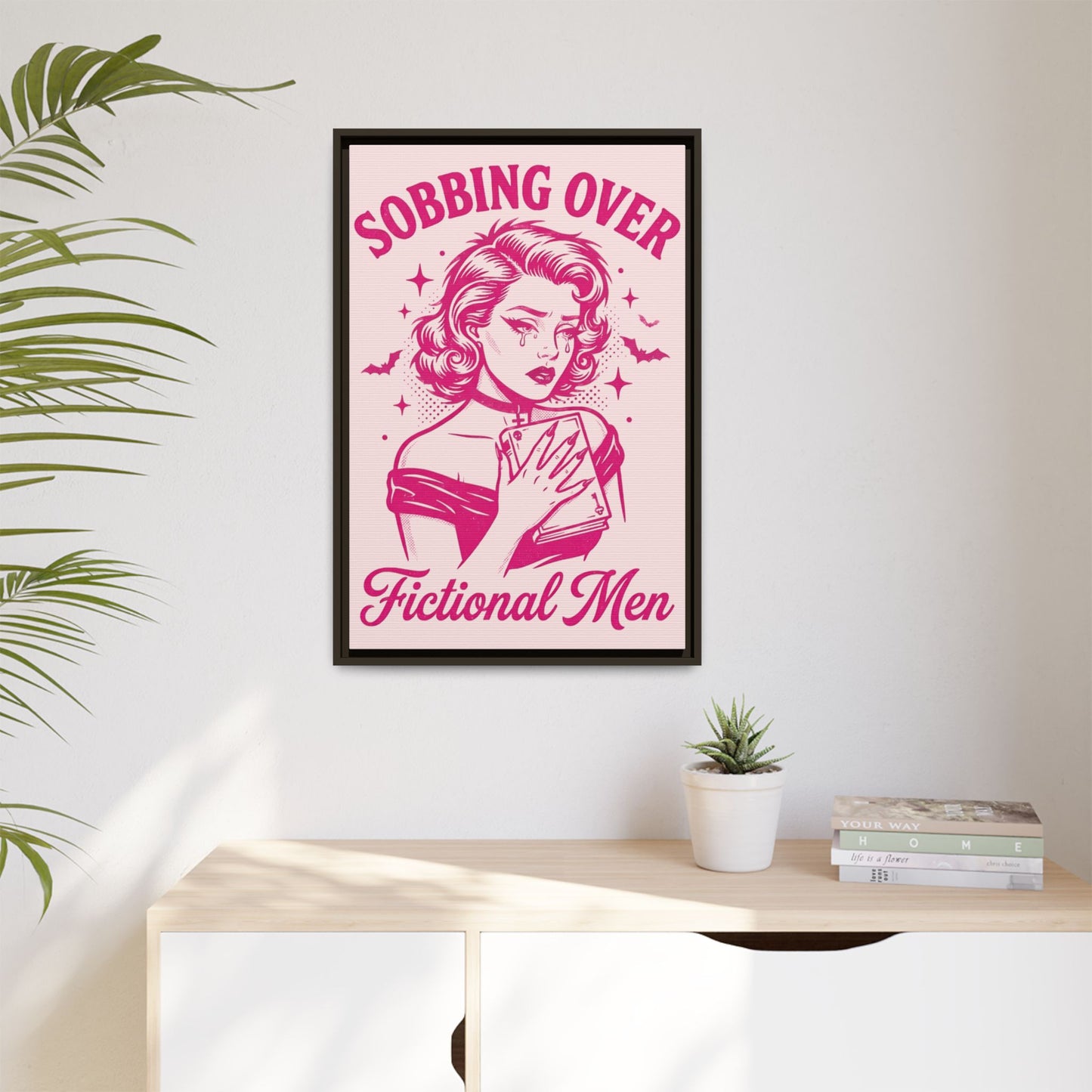 Framed Canvas Print — “Sobbing Over Fictional Men” Retro Pop Art