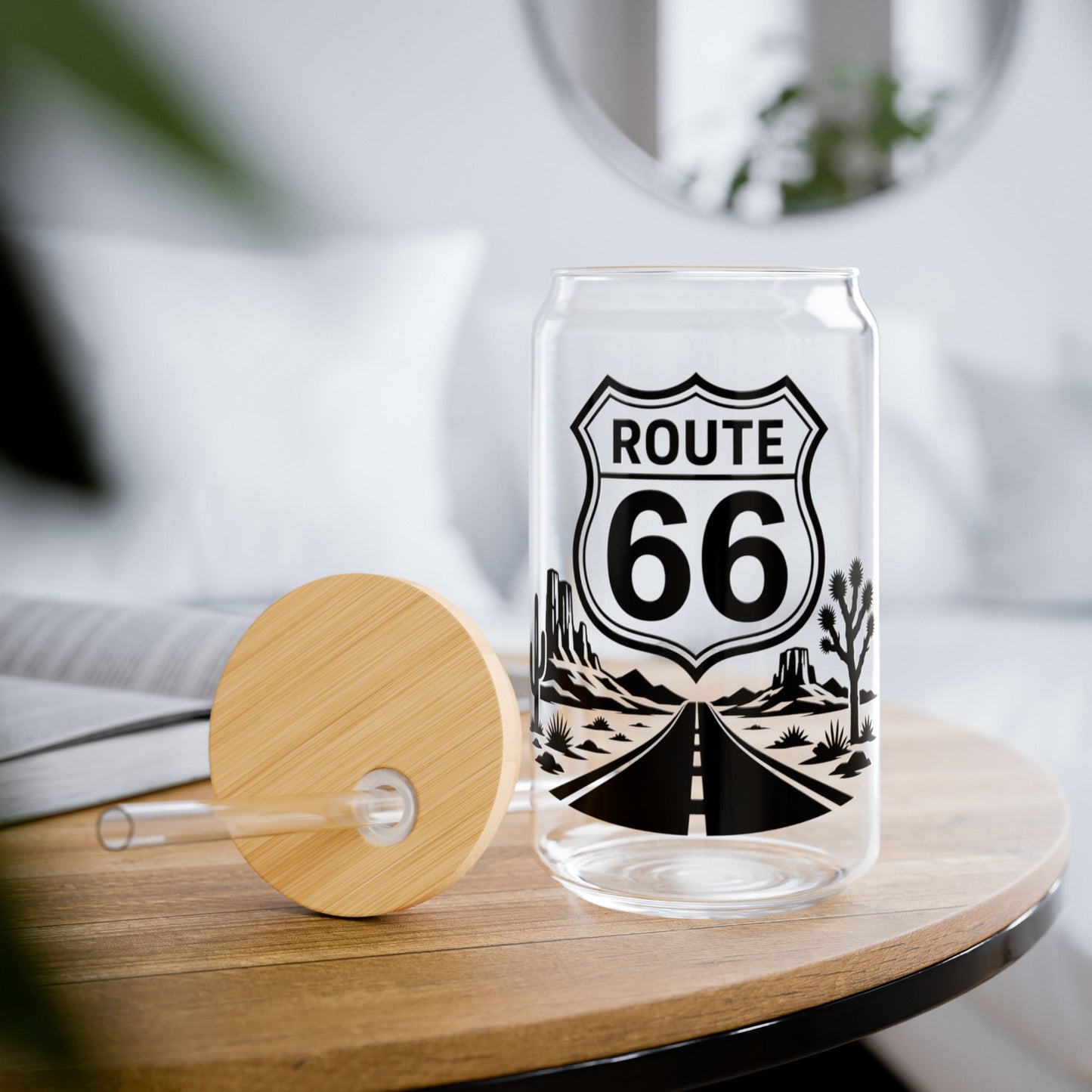 Route 66 Sipper Glass — 16oz Vintage Roadtrip Tumbler with Bamboo Lid