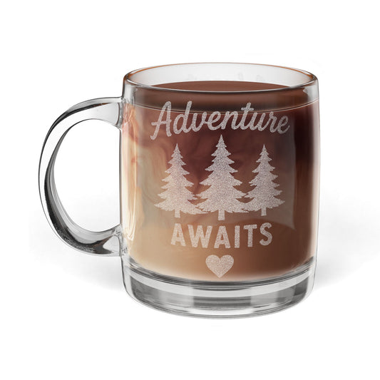 Engraved Glass Coffee Mug 12.25oz — "Adventure Awaits" Camping Design