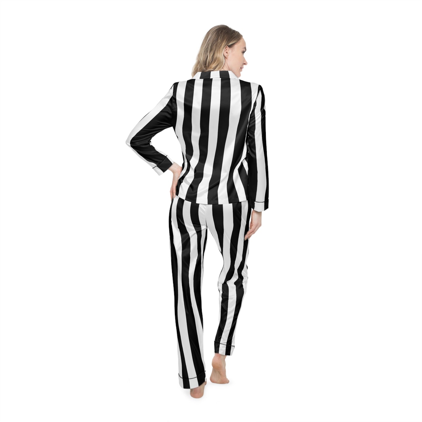 Black White Striped Satin Pajama Set, Womens Gothic Sleepwear, Luxe Goth Loungewear, Long Pajama Set, Alternative Gift for Her