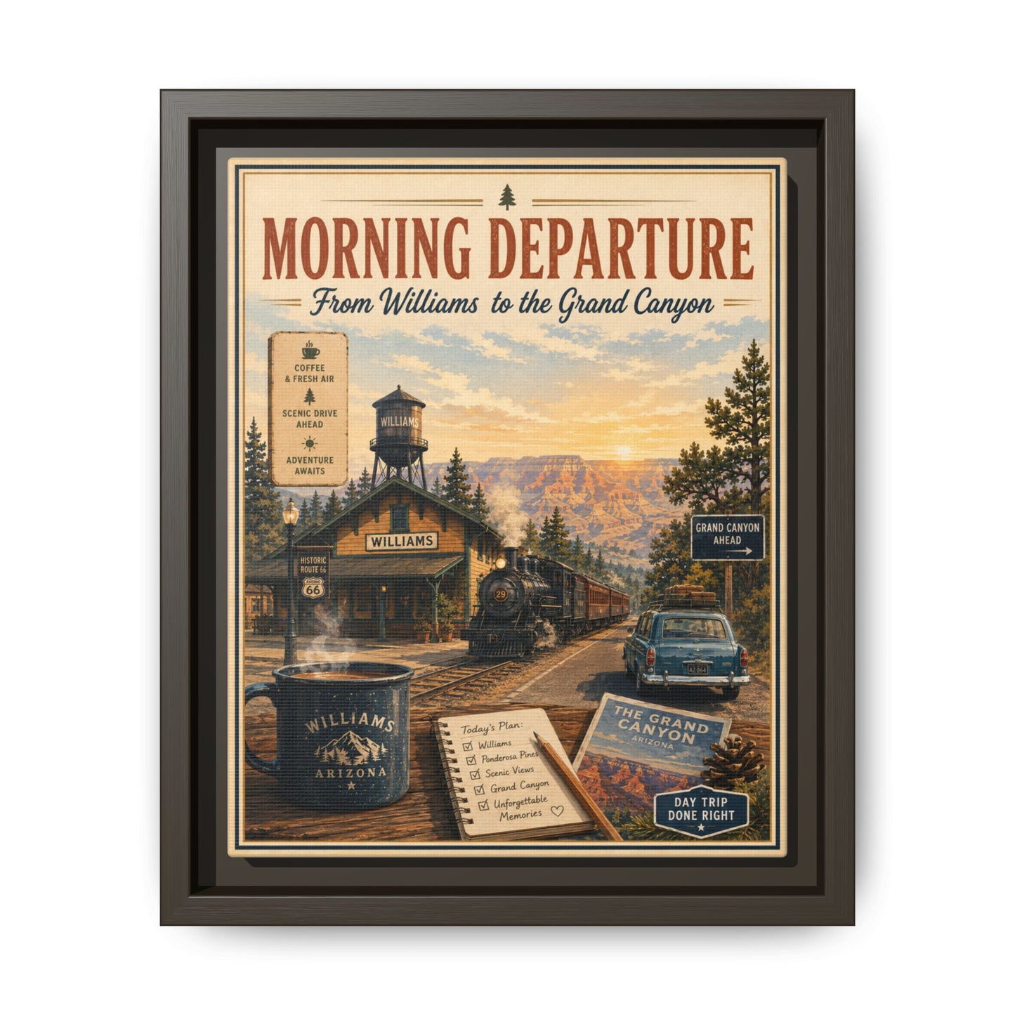 Morning Departure Framed Canvas Print — Vintage Grand Canyon Travel Poster