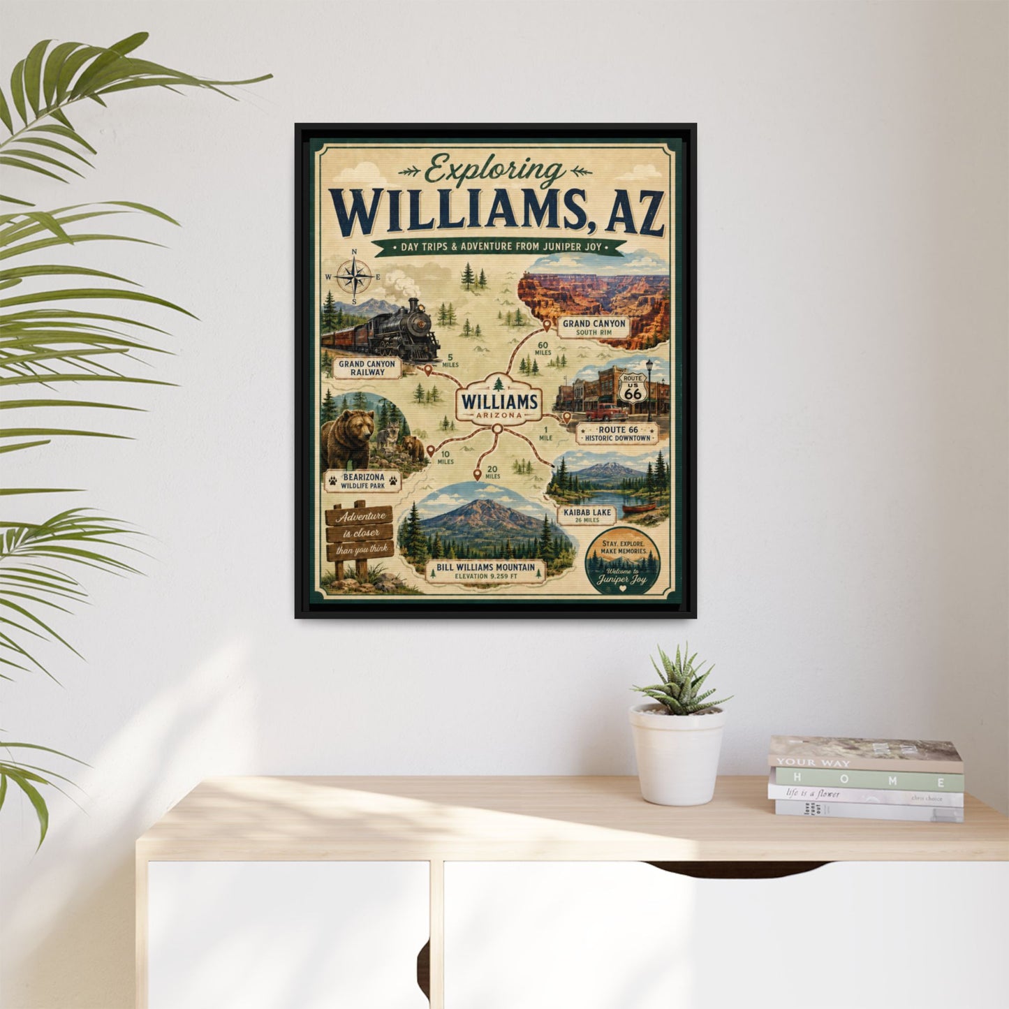 Williams, AZ Travel Map Framed Canvas — Vintage Exploring Poster
