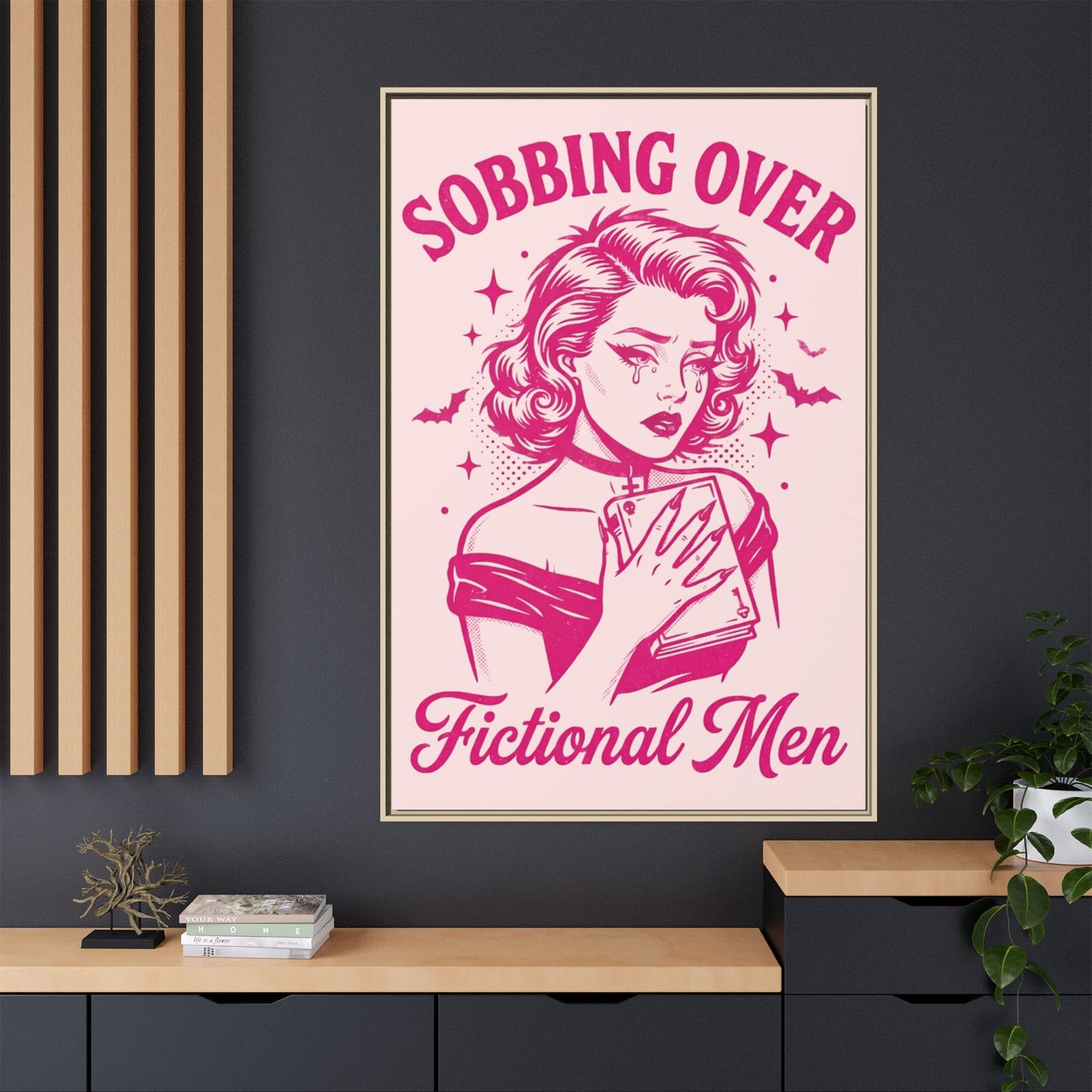 Framed Canvas Print — “Sobbing Over Fictional Men” Retro Pop Art