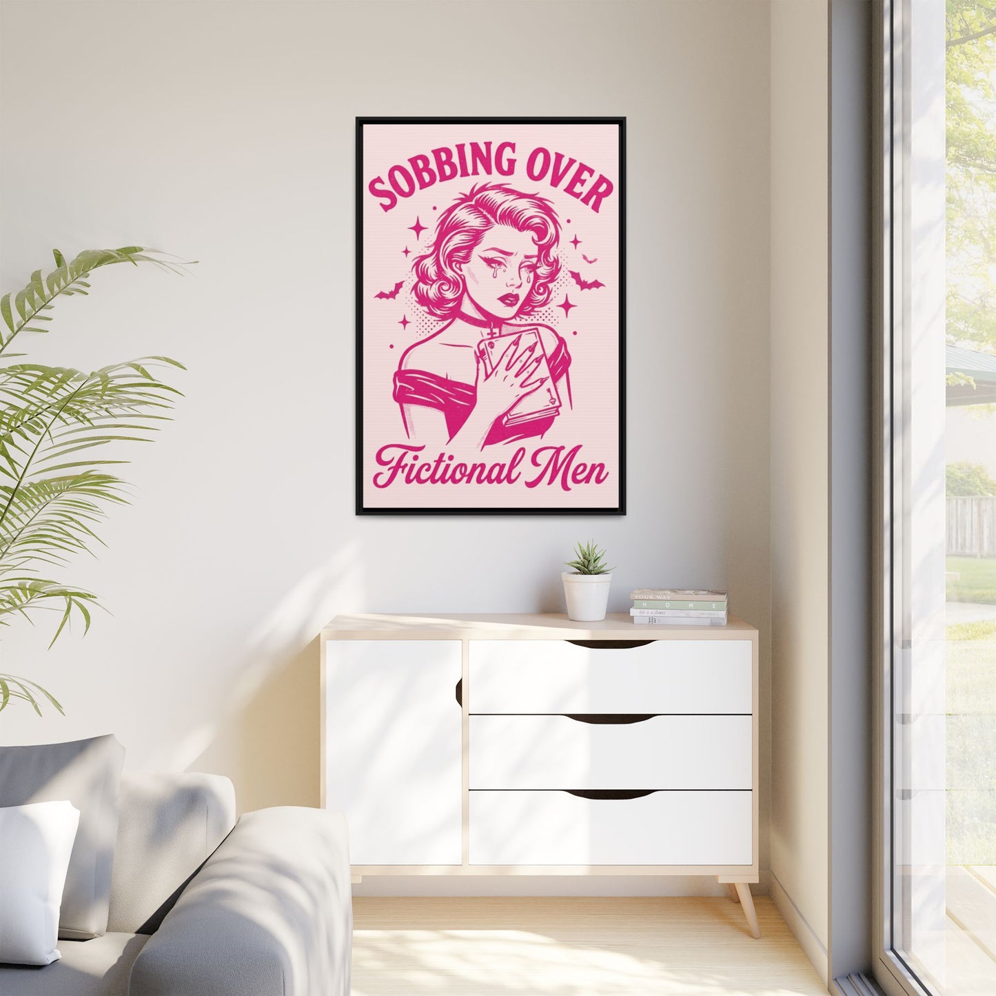 Framed Canvas Print — “Sobbing Over Fictional Men” Retro Pop Art