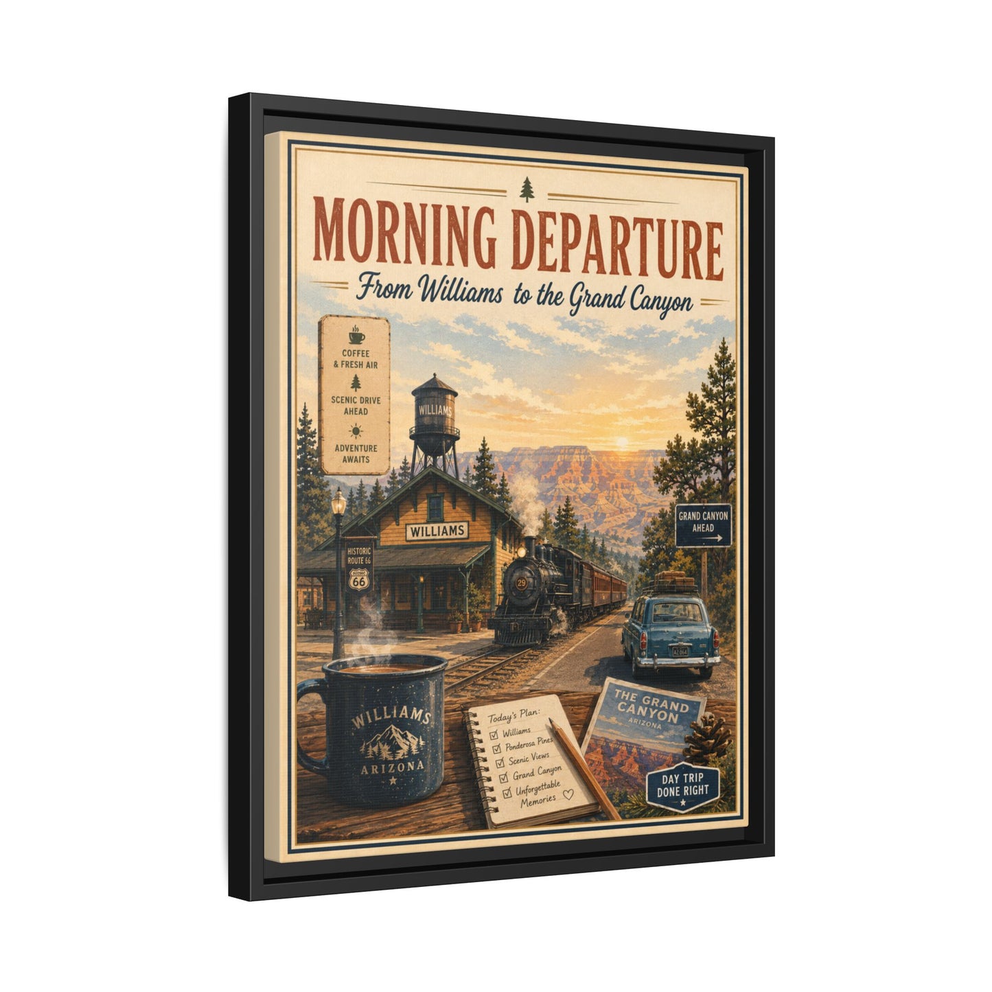 Morning Departure Framed Canvas Print — Vintage Grand Canyon Travel Poster