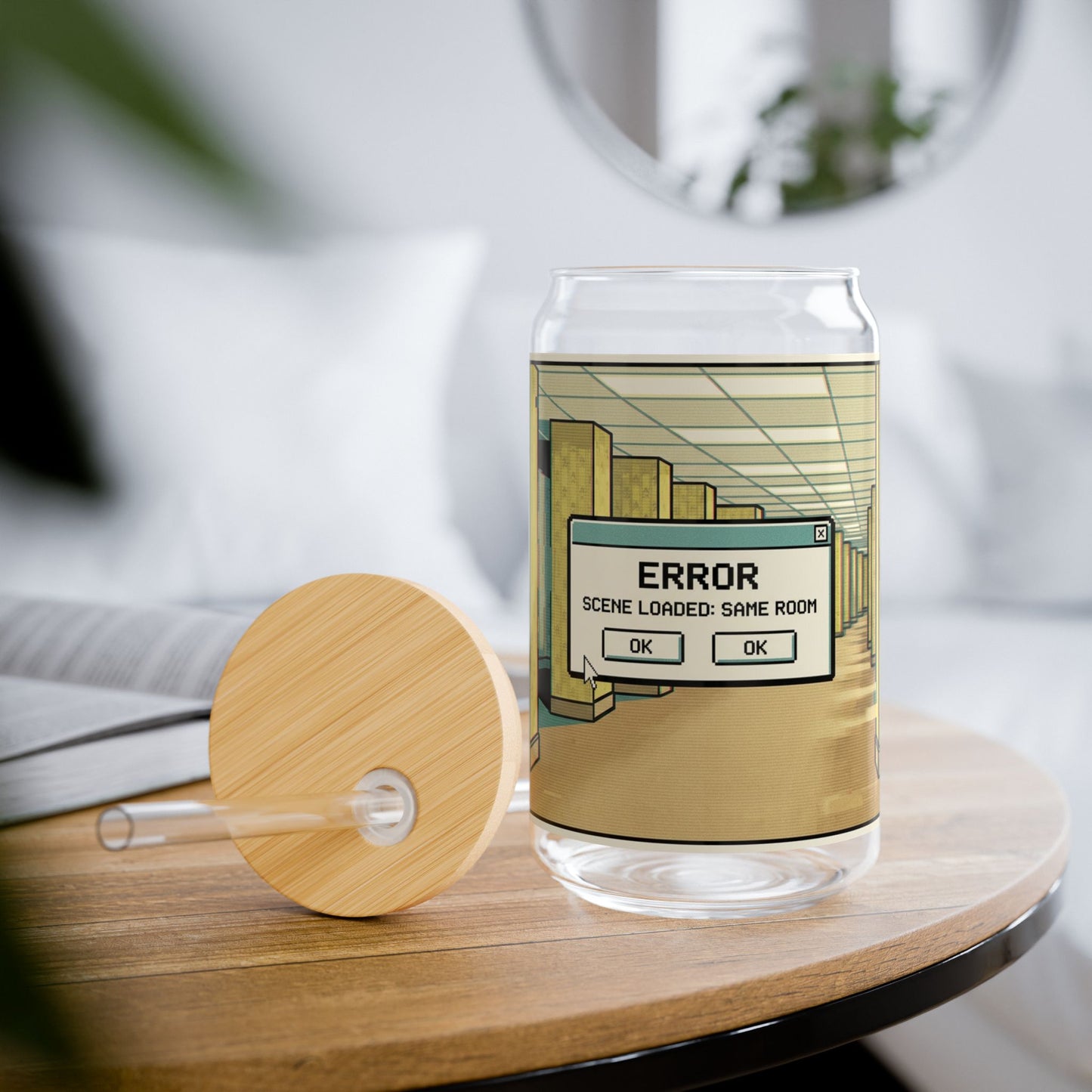 Liminal Space Sipper Glass with Bamboo Lid and  Straw |  Same Room Glass Can | Horror Cup | Weirdcore Iced Coffee Glass