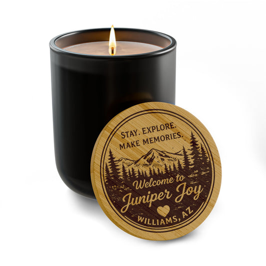Engraved 14oz Soy Candle — "Stay, Explore, Make Memories" Welcome Candle (Custom Location)