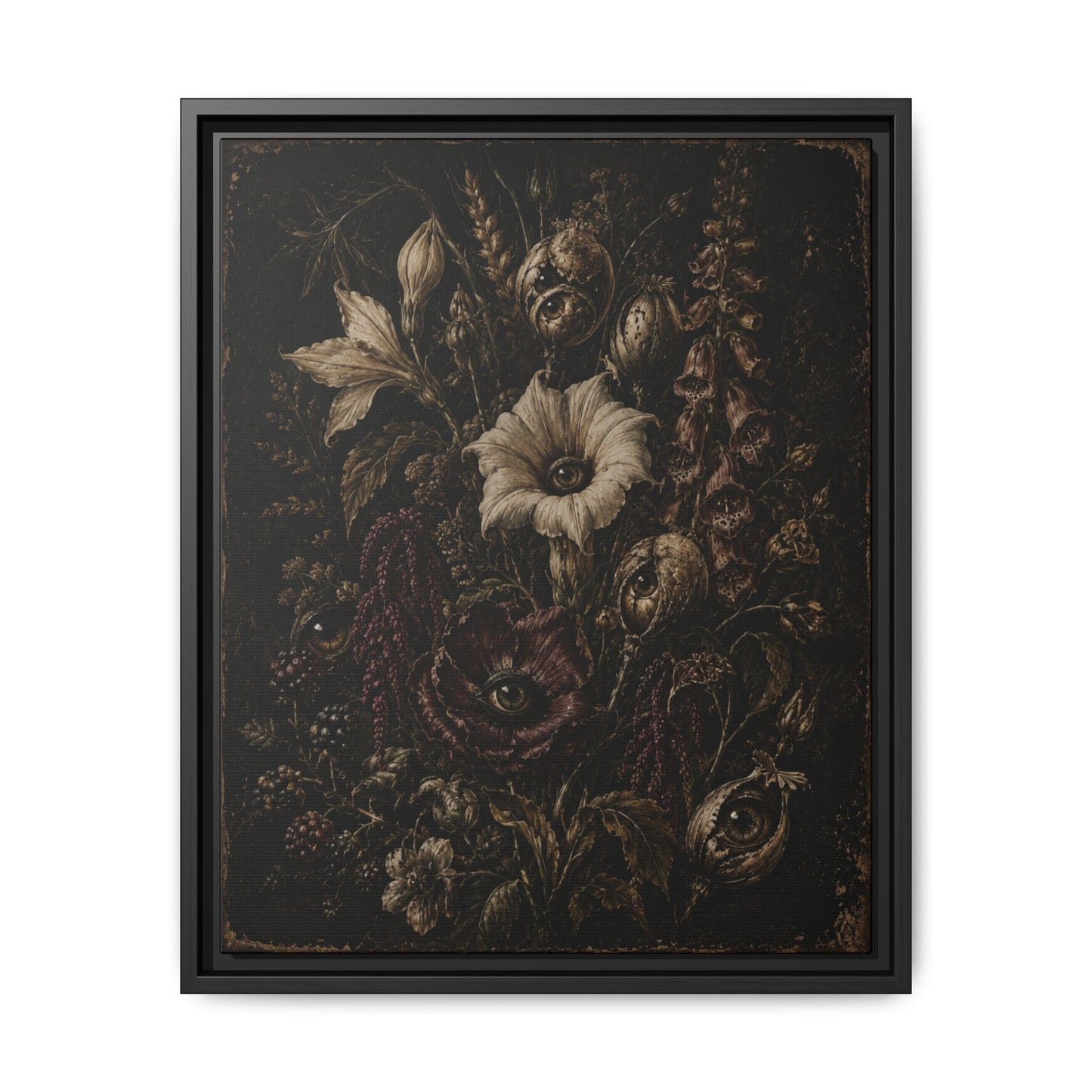 Framed Matte Canvas Print — Vintage Dark Floral Art