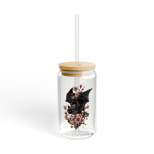 Cherry Blossom Bat Sipper Glass | 16oz Glass Can with Bamboo Lid & Straw | Gothic Floral Iced Coffee Cup | Cottagecore Bat Gift | Nature Drinkware