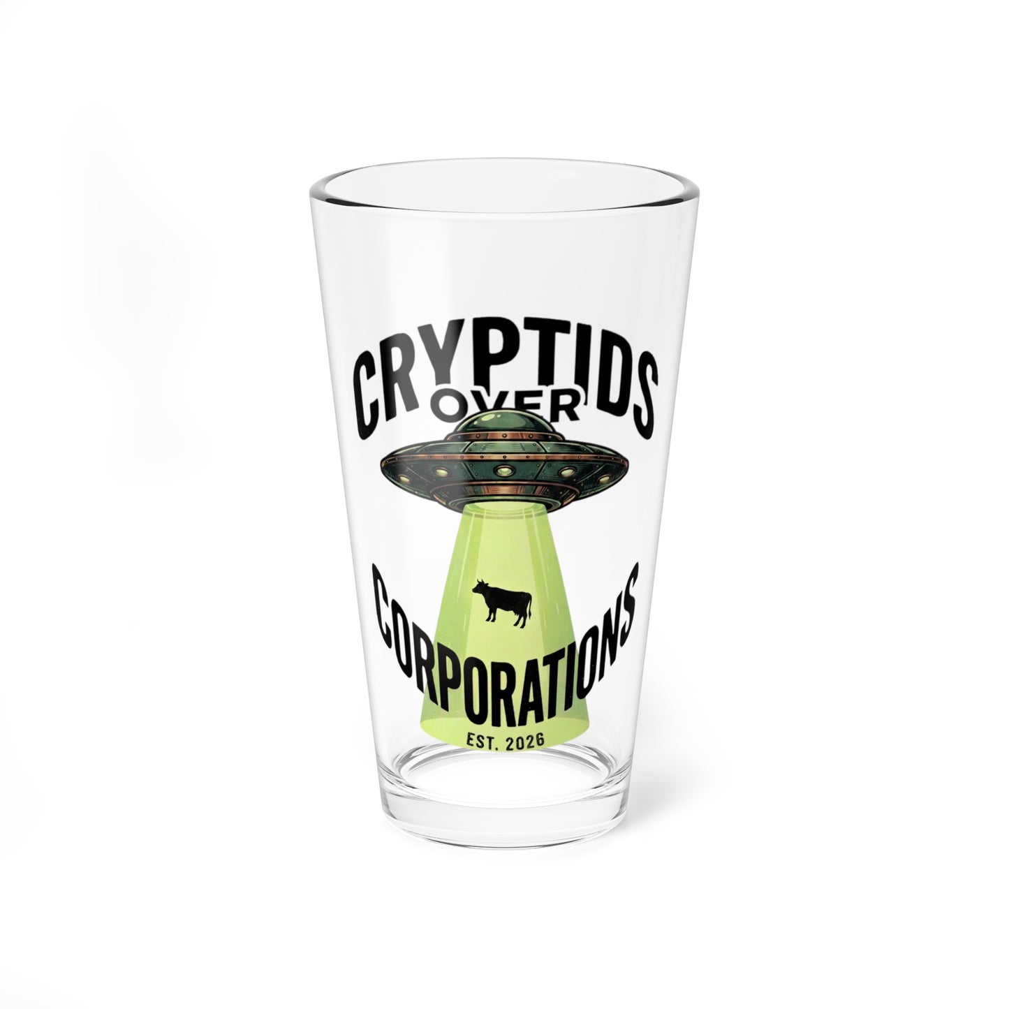 Cryptids Over Corporations Alien Pint Glass | UFO Beer Glass | Funny Alien Gift | Sci-Fi Bar Glass | Cow Abduction Glass | 16oz Beer Pint