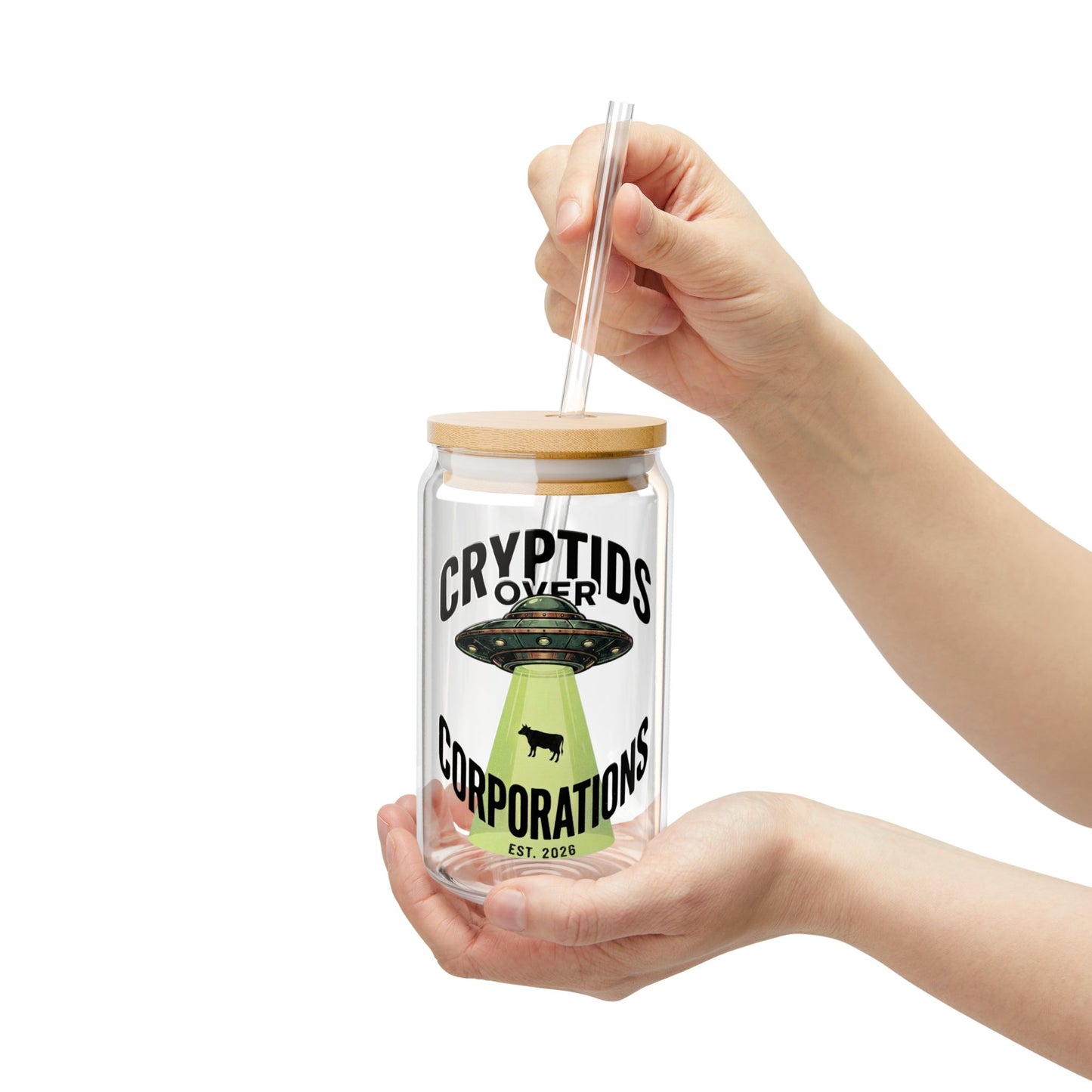 Cryptids Over Corporations Alien Glass Can | UFO Iced Coffee Cup with Bamboo Lid and Straw | Funny Alien Gift | Sci-Fi Drinkware