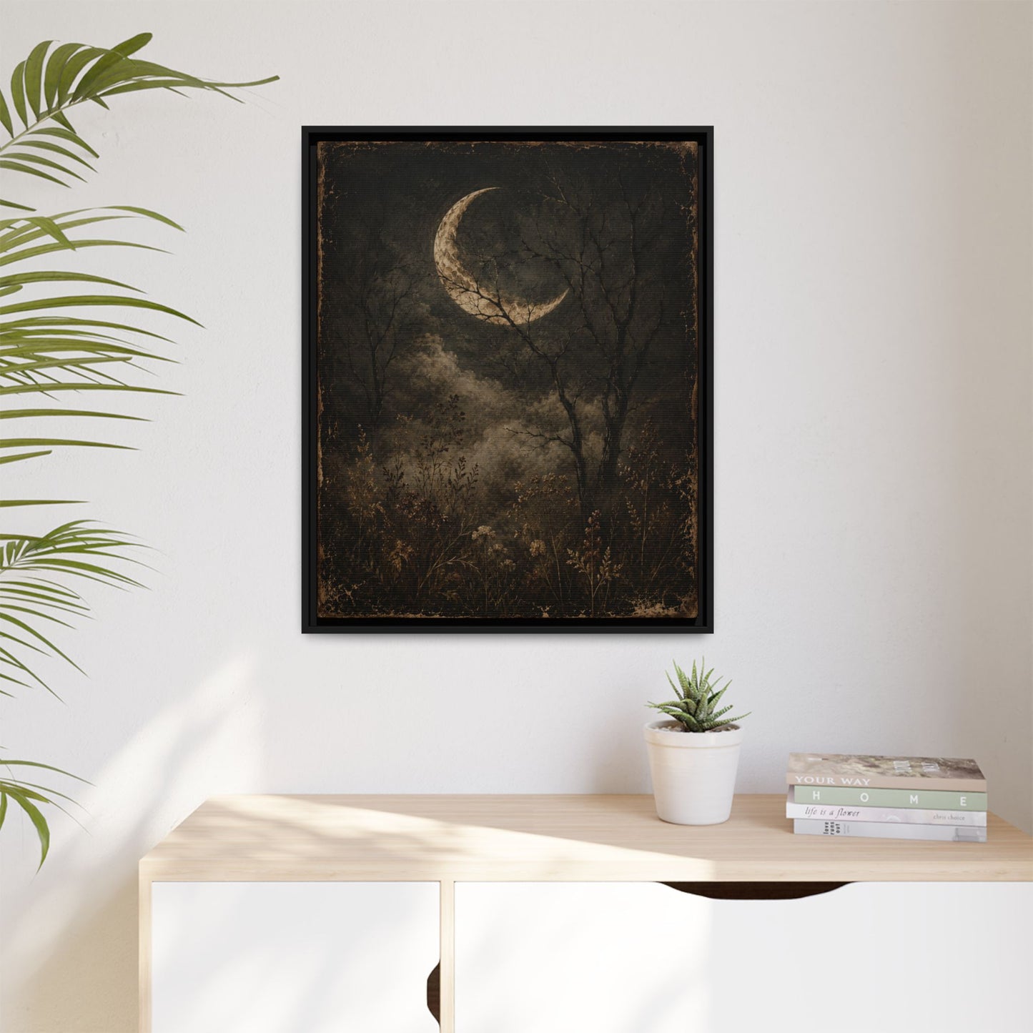 Framed Crescent Moon Canvas Print — Moody Night Landscape Wall Art
