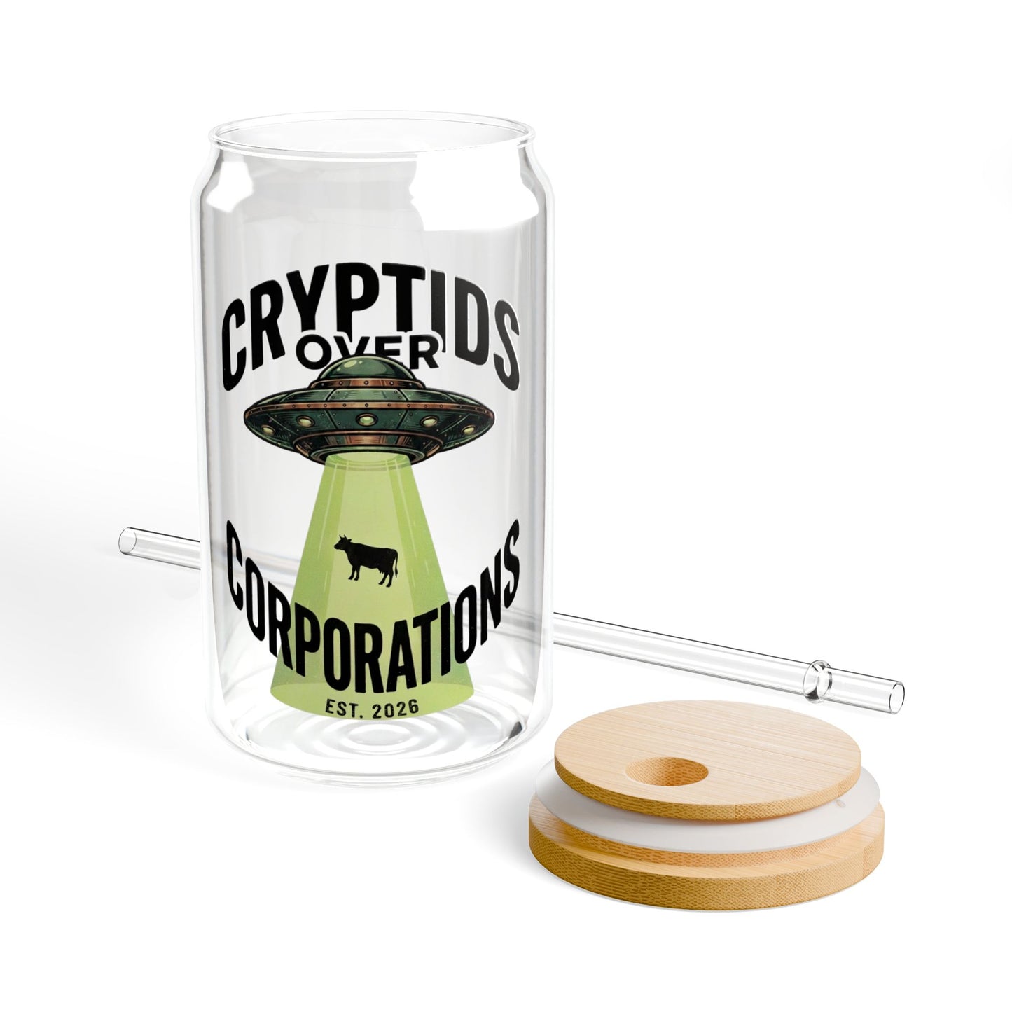 Cryptids Over Corporations Alien Glass Can | UFO Iced Coffee Cup with Bamboo Lid and Straw | Funny Alien Gift | Sci-Fi Drinkware
