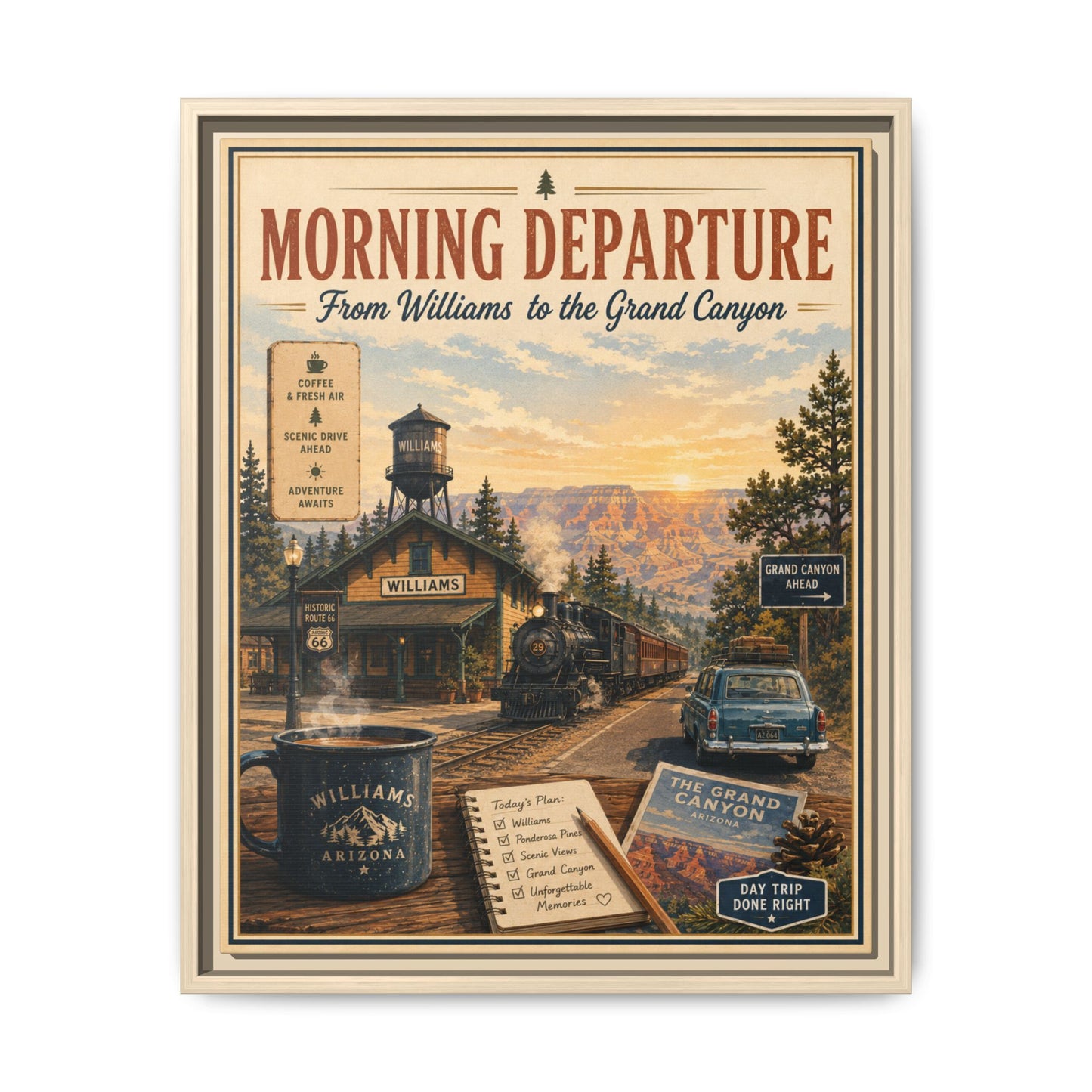 Morning Departure Framed Canvas Print — Vintage Grand Canyon Travel Poster