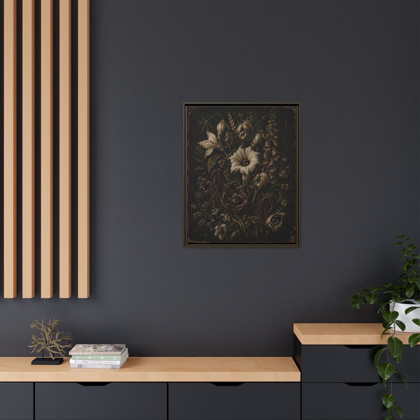 Framed Matte Canvas Print — Vintage Dark Floral Art
