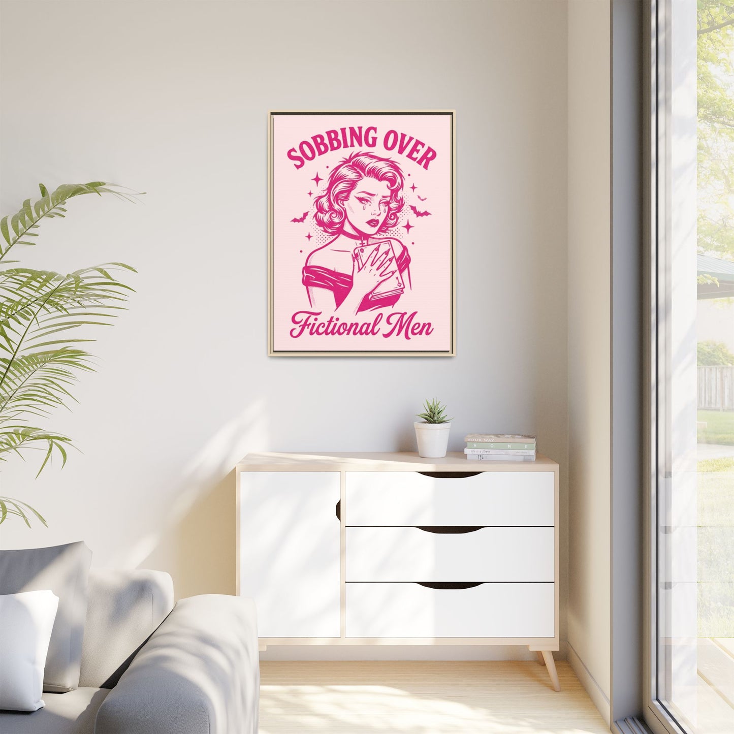 Framed Canvas Print — “Sobbing Over Fictional Men” Retro Pop Art