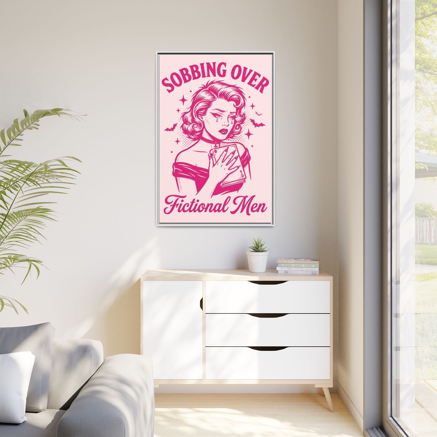 Framed Canvas Print — “Sobbing Over Fictional Men” Retro Pop Art