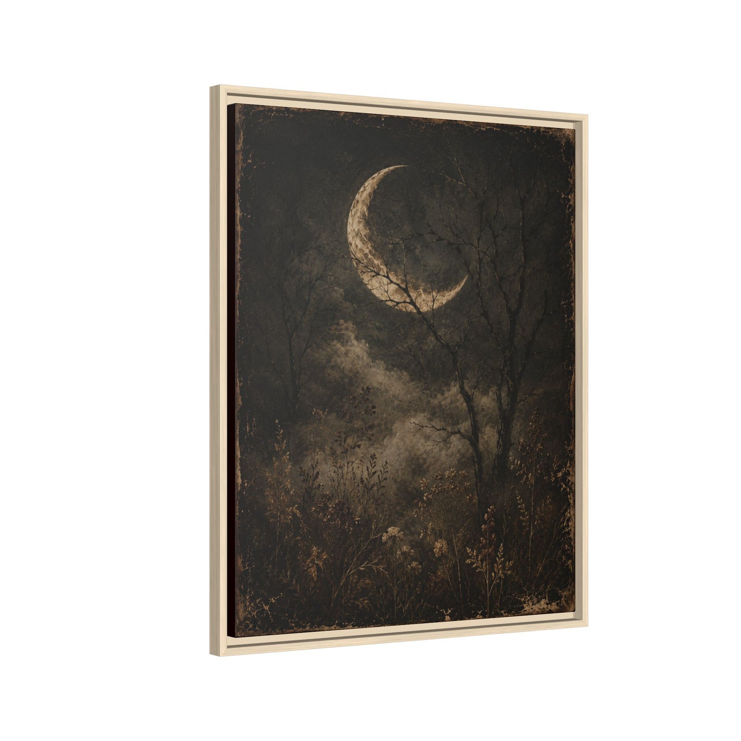 Framed Crescent Moon Canvas Print — Moody Night Landscape Wall Art